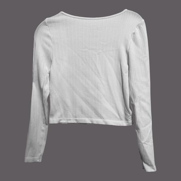 One Step Up White Long Sleeve Ribbed Square Neck Casual Chic Crop Top XL - Picture 2 of 6